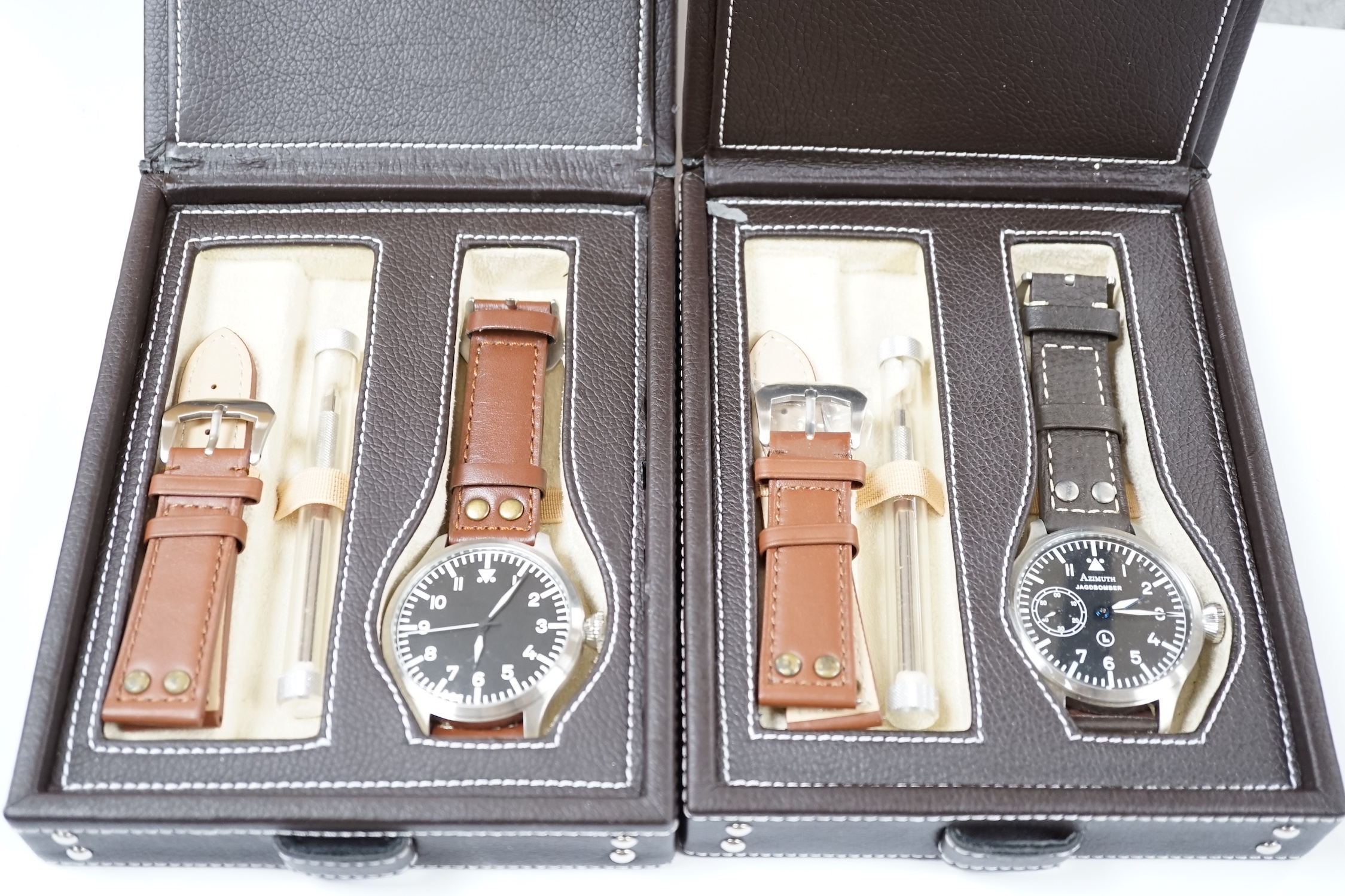 Two gentleman's recent stainless steel Azimuth wrist watches, Bombardier and Jagdbomber, with boxes.